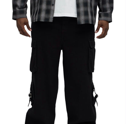 These Streets Cargo Buckle Straps Baggy Jeans Black