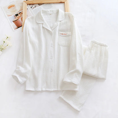 Long Sleeve Pajamas Cotton Double Layer Gauze Clothes Front Button Suit Solid Color