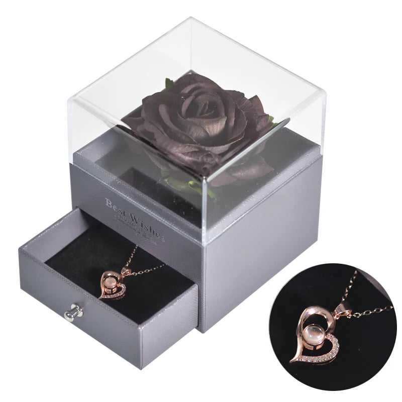 Eternal Rose Jewelry Box with 100 Languages "I Love You" Necklace – The Ultimate Romantic Gift!