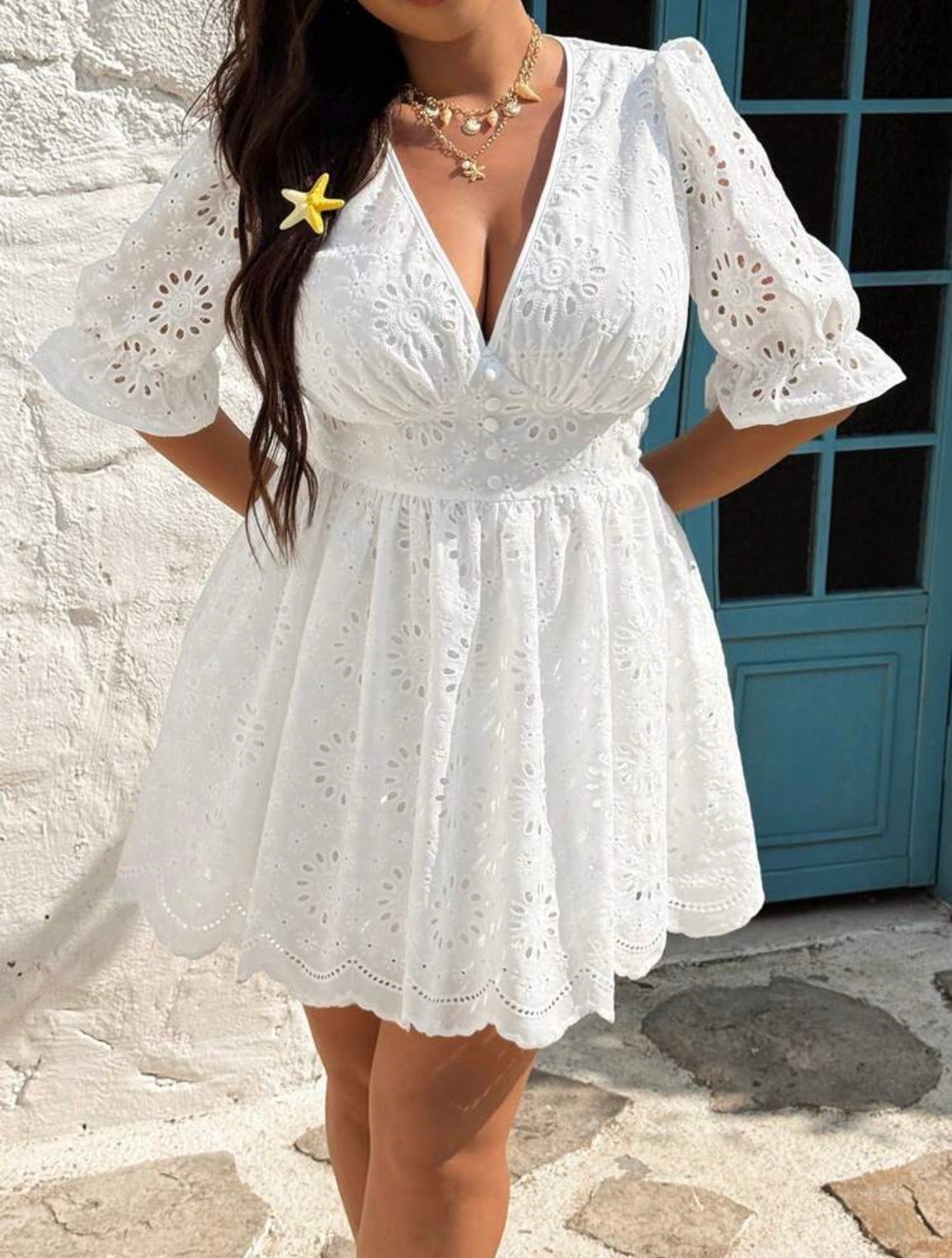 Sunnyshic Plus Size V-Neck Embroidered Puff Sleeve Dress