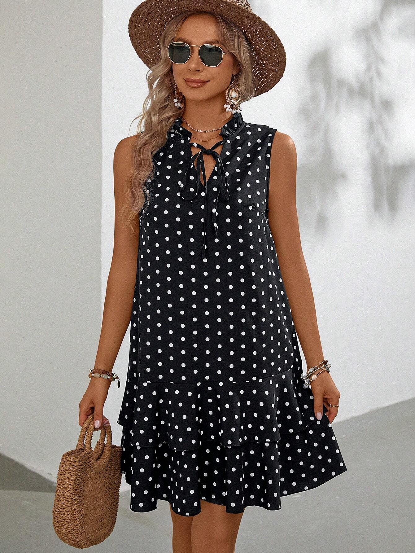 Emery Rose Polka Dot Tie Neck Ruffle Hem Smock Dress