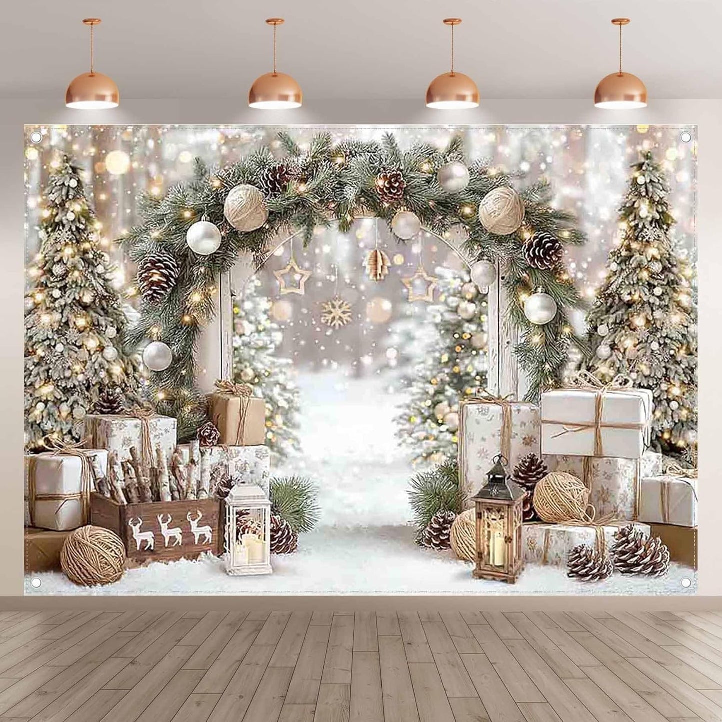 7X5Ft Christmas Gold White Backdrop Winter Xmas Trees Gifts Warm Snowy Brown Outdoor Pure Holy Background Celebrate Festival Decor Photo Banner Props