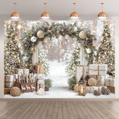 7X5Ft Christmas Gold White Backdrop Winter Xmas Trees Gifts Warm Snowy Brown Outdoor Pure Holy Background Celebrate Festival Decor Photo Banner Props