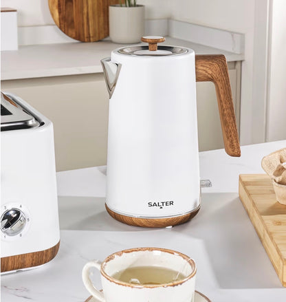 Salter Toronto Kettle, Toaster & Serving Board Set – Kitchen Countertop, 55cm & 60cm Serving Board, Chopping & Pizza Boards, FSC®- Certified Acacia Wood, Wide Slot Toaster, 3kW Rapid Boil, White