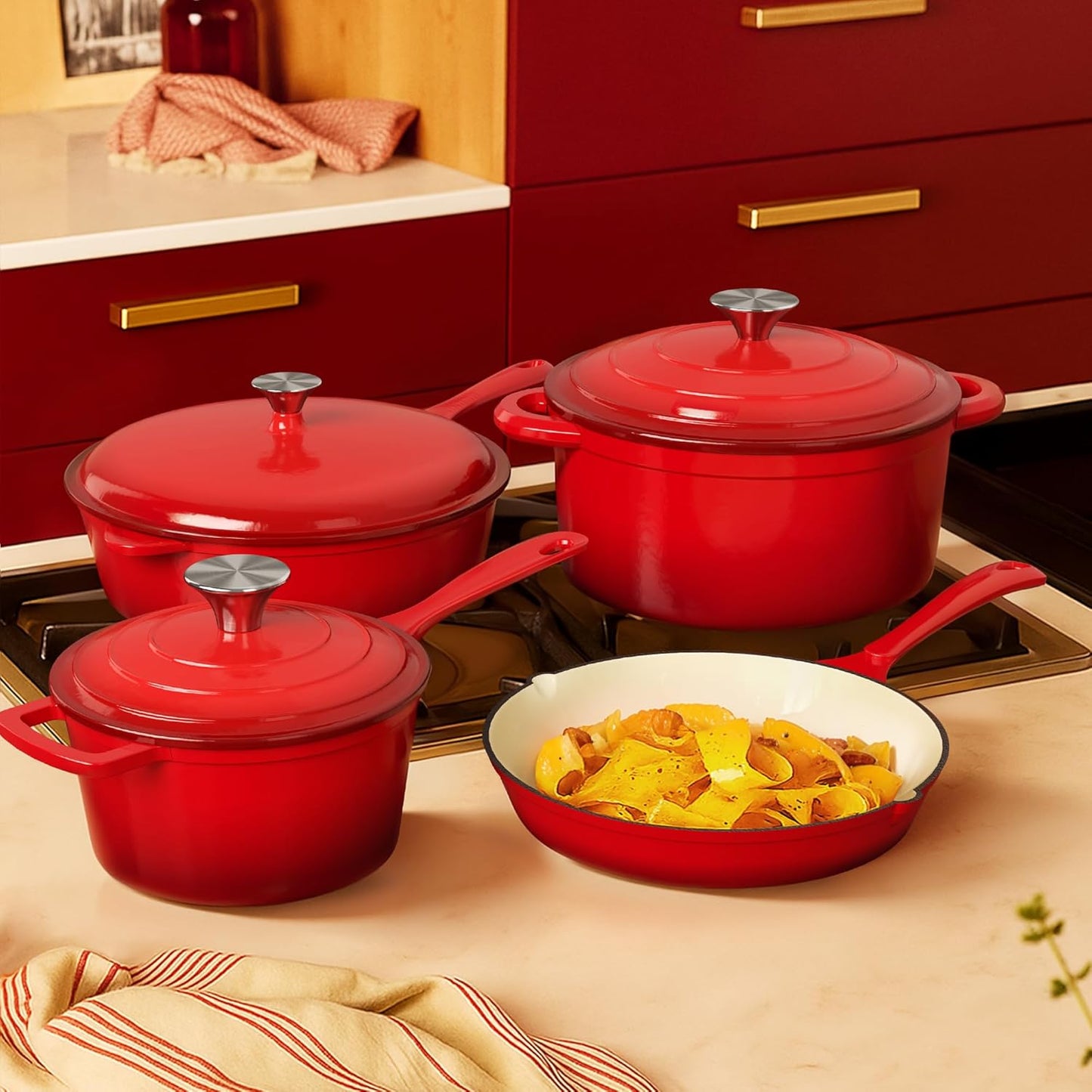 Enameled Cast Iron Cookware Sets - 7 Pieces Induction Hob Pans Set & Dutch Oven Sets, Ceramic Non Stick Pots and Pans Set, Pfoa&Pfos-Free