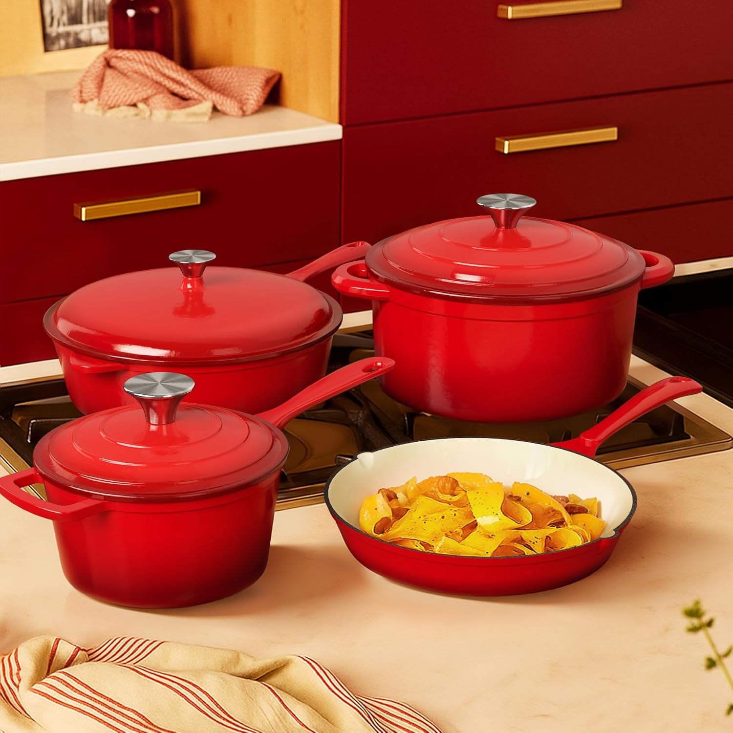 Enameled Cast Iron Cookware Sets - 7 Pieces Induction Hob Pans Set & Dutch Oven Sets, Ceramic Non Stick Pots and Pans Set, Pfoa&Pfos-Free