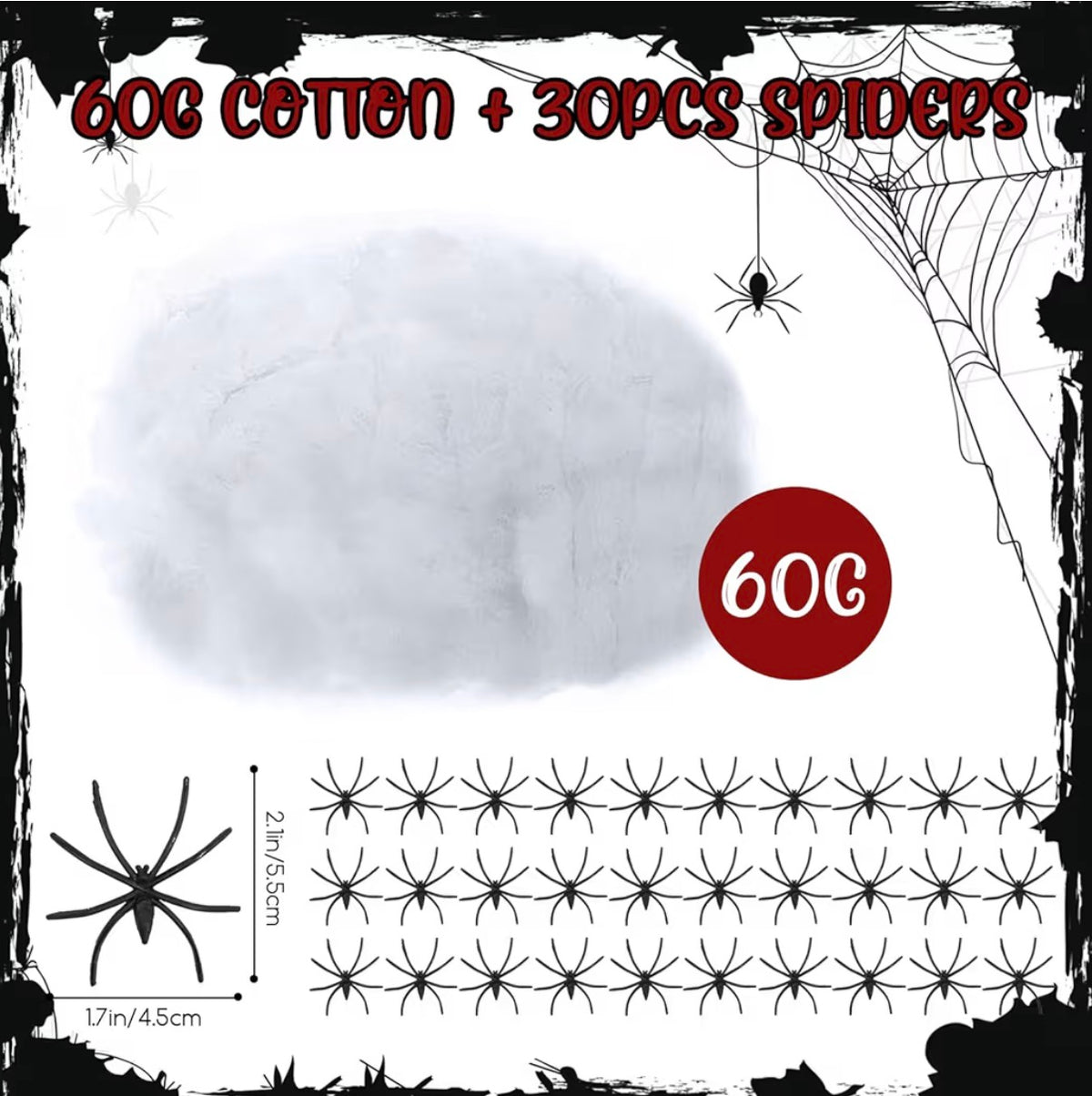 Jsdoin Halloween Spider Web Decoration 60g | 30 Fake Spiders Included