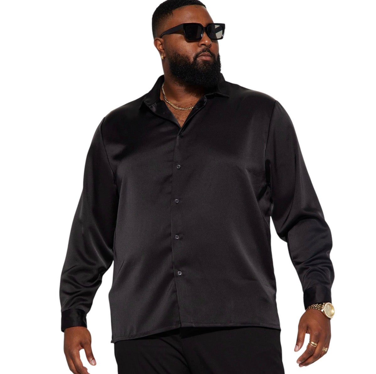 Links Satin Long Sleeve Button Up Shirt Black