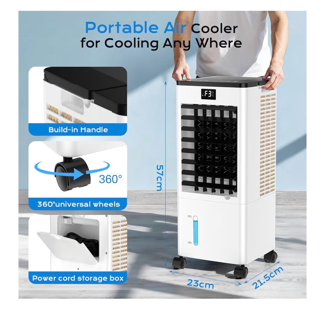 Mobile Air Conditioners, 60W Evaporative Air Cooler, LED Display 10M/S 3 Modes 8L Tank 12H Timer 60°/120° Oscillation Low Noise, Touch/Remote Control 4 Ice Box Air Conditioner Unit for Home Bedroom