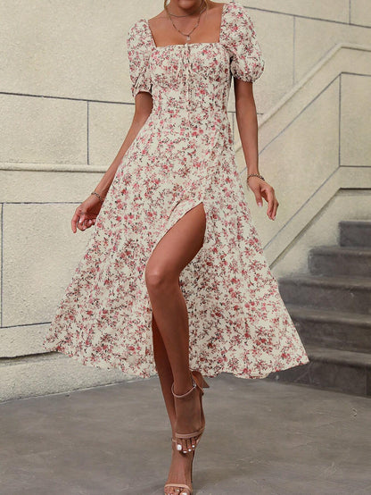 Women's Floral A-Line Maxi Dress with Split Thigh for Holiday Beach Getaways