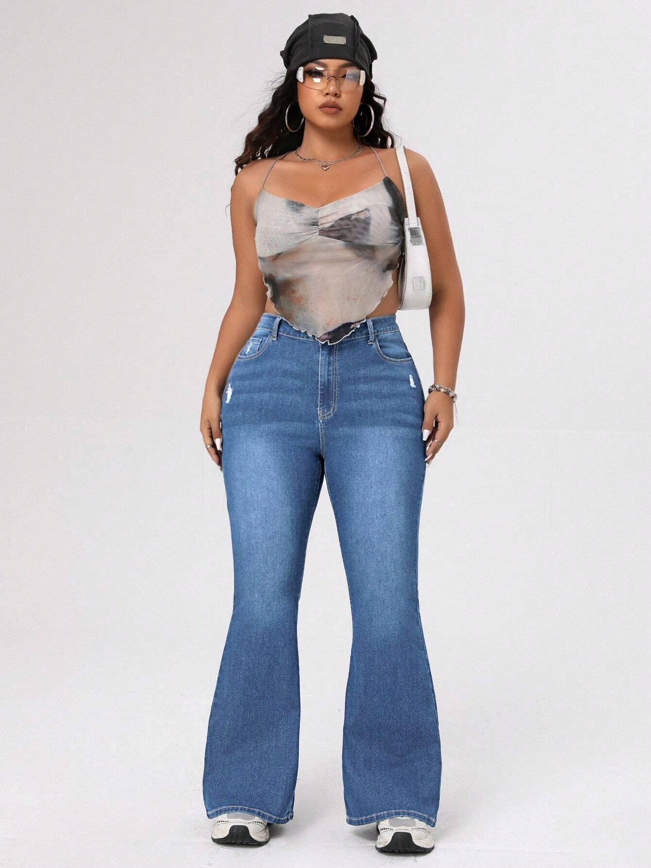 ICON Plus Size Women's Distressed Flared Jeans