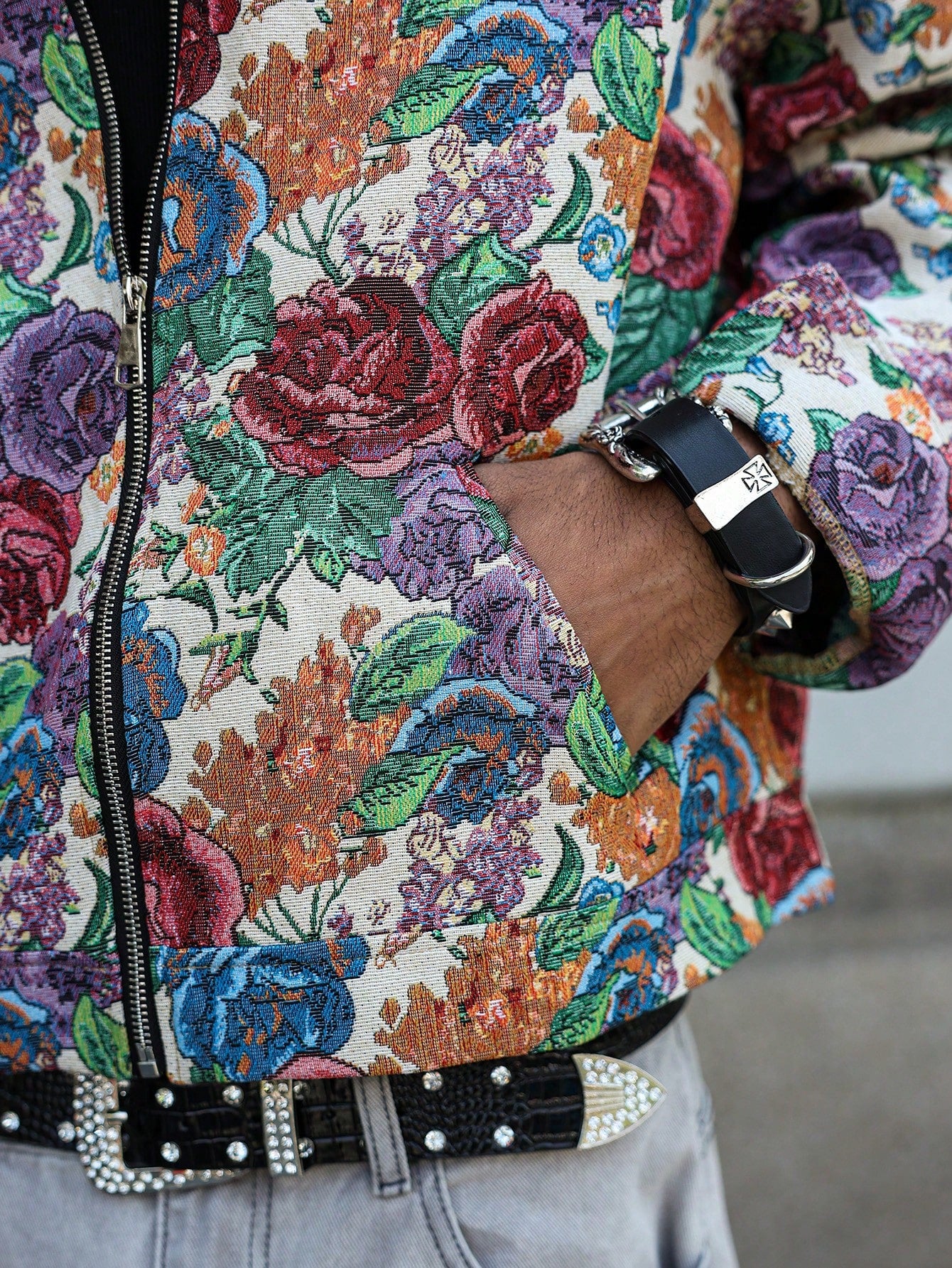 Manfinity Homme Men Hawaiian Print Floral Pattern Jacquard Jacket Summer Outerwear, Street Fashion Colorful Pattern Rave Long Sleeve Jacket, Gift for Friends, Husband, Boyfriend