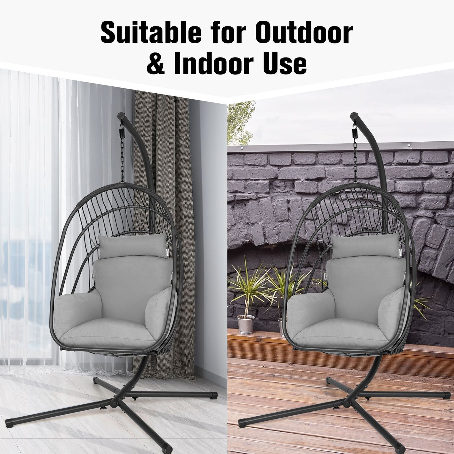 Deluxe Grey and Turquoise Swing Egg Chair with Stand - Comforting Cushions, Pillow, and Foldable Design for Indoor and Outdoor Relaxation