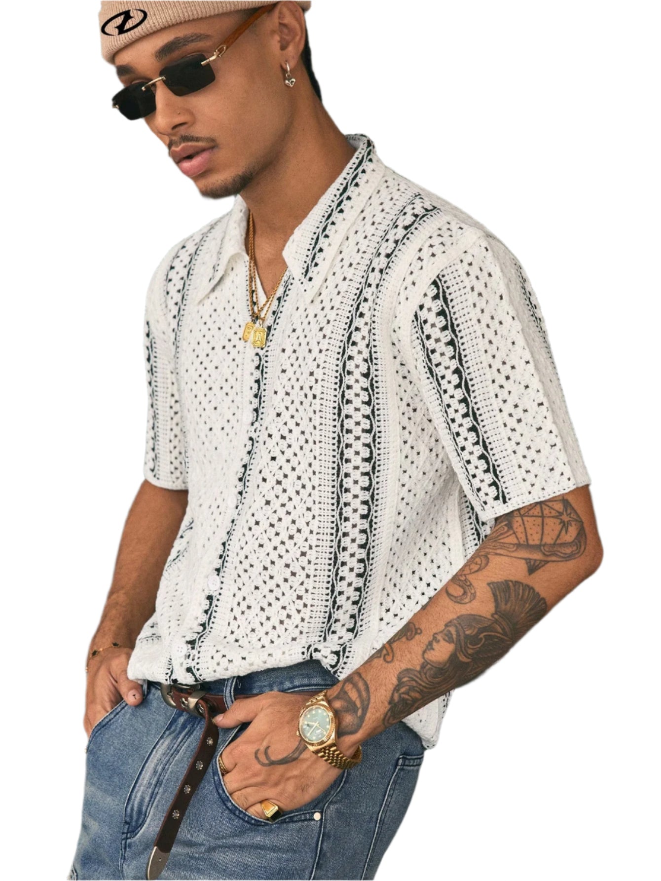 AXEPEAK Multiple Sizes Water-Soluble Floral Print Turndown Collar Loose Fit Men'S Knit Top, Streetwear Influence