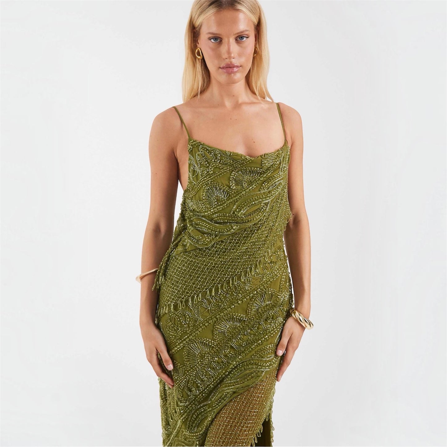 Olive Green Beaded Midi Dress with Asymmetric Hem