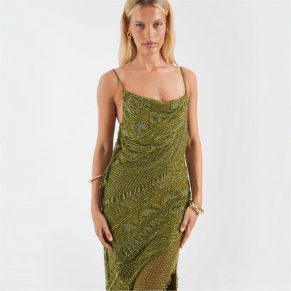 Olive Green Beaded Midi Dress with Asymmetric Hem
