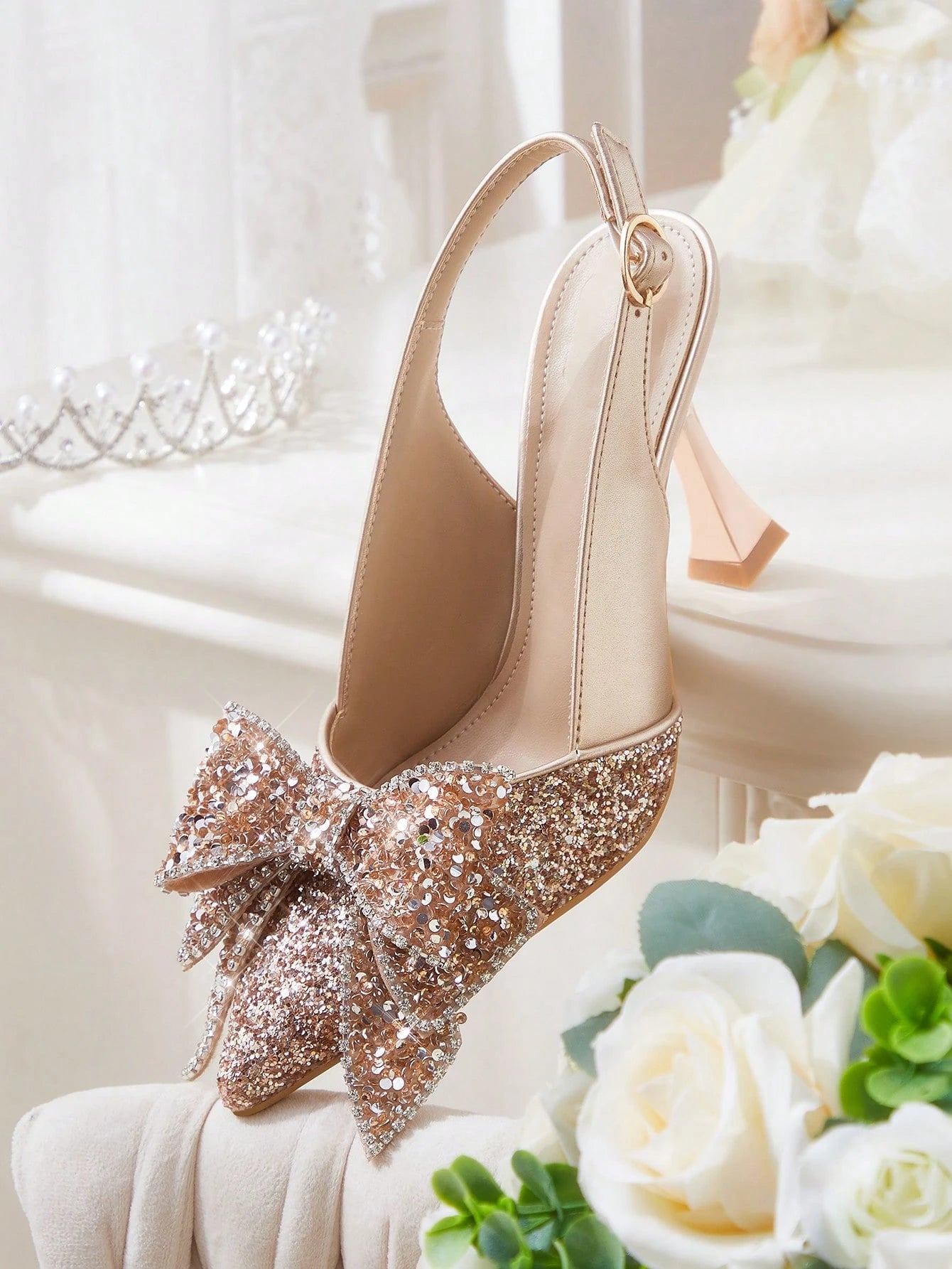 CUCCOO HITCHD Fashionable Elegant Women'S Gold Sequined Bow Pointed Toe Stilettos, Suitable for Wedding, Bridesmaid, Banquet, Date, Party, Christmas, New Year, Valentine'S Day, Comfortable Spring Shoes Spring Break Easter Prom Heels