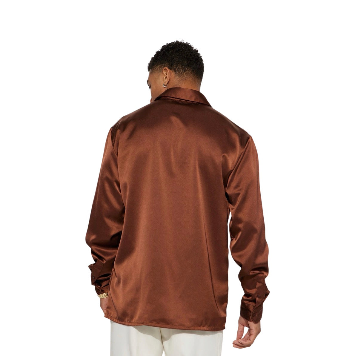 Links Satin Long Sleeve Button Up Shirt Chocolate