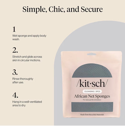 Kitsch African Net Sponge 3pcs Aqua Grey | Exfoliating Body Scrubber