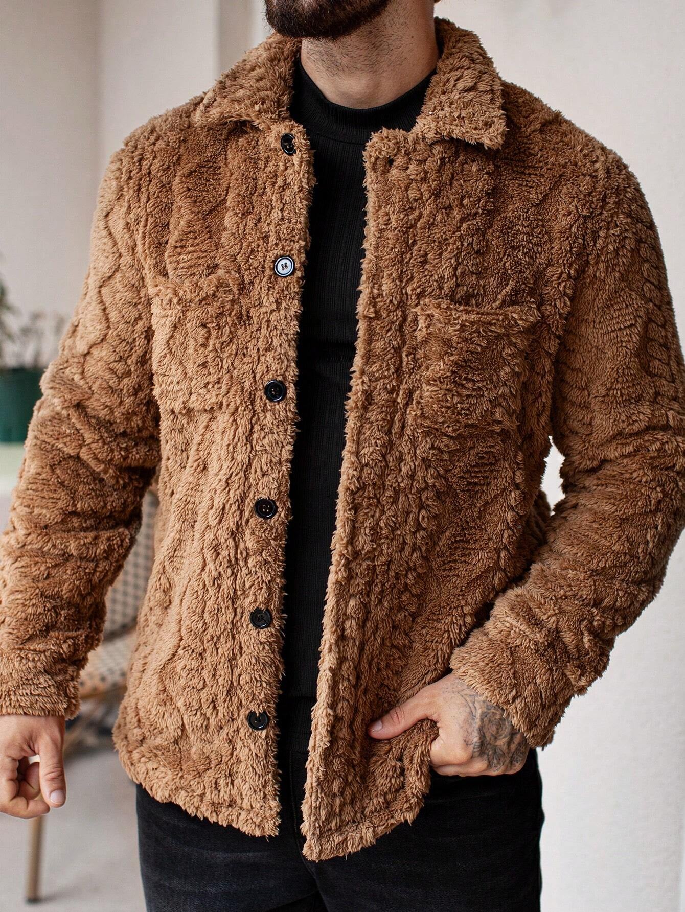 Manfinity Homme Men'S Casual Solid Color Fuzzy Jacket for Autumn/Winter ,Men Flannel,Winter Men Jacket, Going Out Warm Long Sleeve Jacket, for Friends, Husband, Boyfriend Gifts