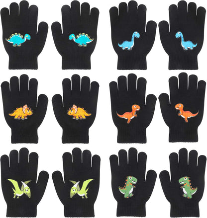 6 Pairs Children'S Magic Gloves, Winter Thermal Kid’S Full Fingers Gloves Dinosaurs/Excavator Pattern Fit for Boys Girls
