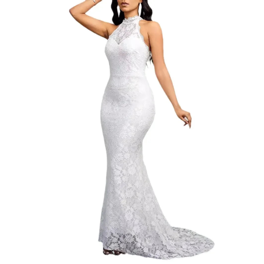 Women Lace Dress Elegant White Halterneck Sleeveless Backless Sexy Slim High Waist Bag Hips Bridesmaid Banquet Cocktail Party