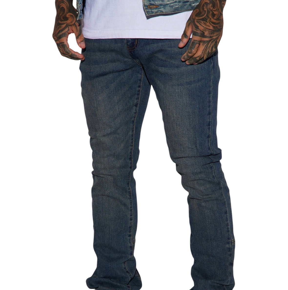 Drop Top Back Zip Stacked Skinny Jeans Vintage Blue Wash