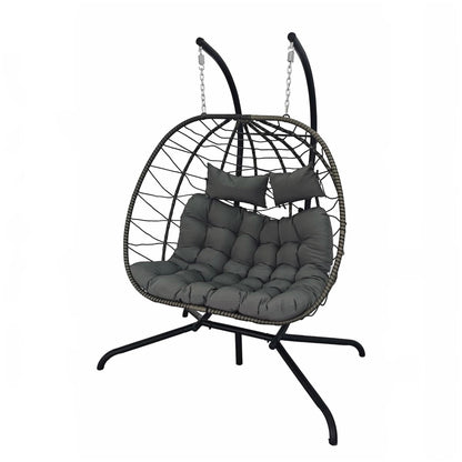 BIRCHTREE Double Hanging Egg Chair with Stand PE Rattan Garden Swing Grey