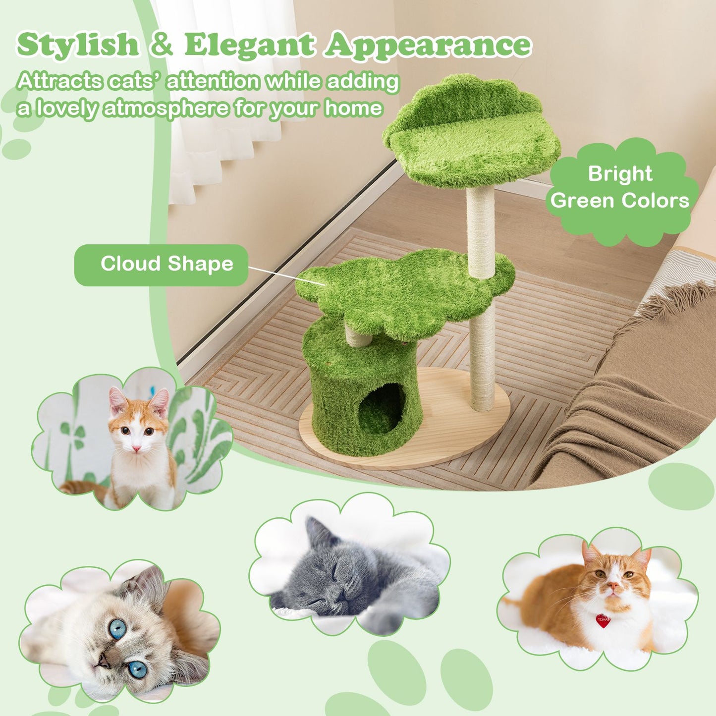 Deluxe 97 cm Cat Tree with Plush Green Cloud Platform and Fully Wrapped Sisal Scratching Posts