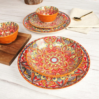 Buffet Dinnerware Porcelain Dinnerware Set, Service for 4 (12 Pcs) Easy to Clean Plate & Bowl Set Apply Casual Dining Indoor Outdoor Dining Party Bohemian Style, Red 26+20.5+12.1 CM