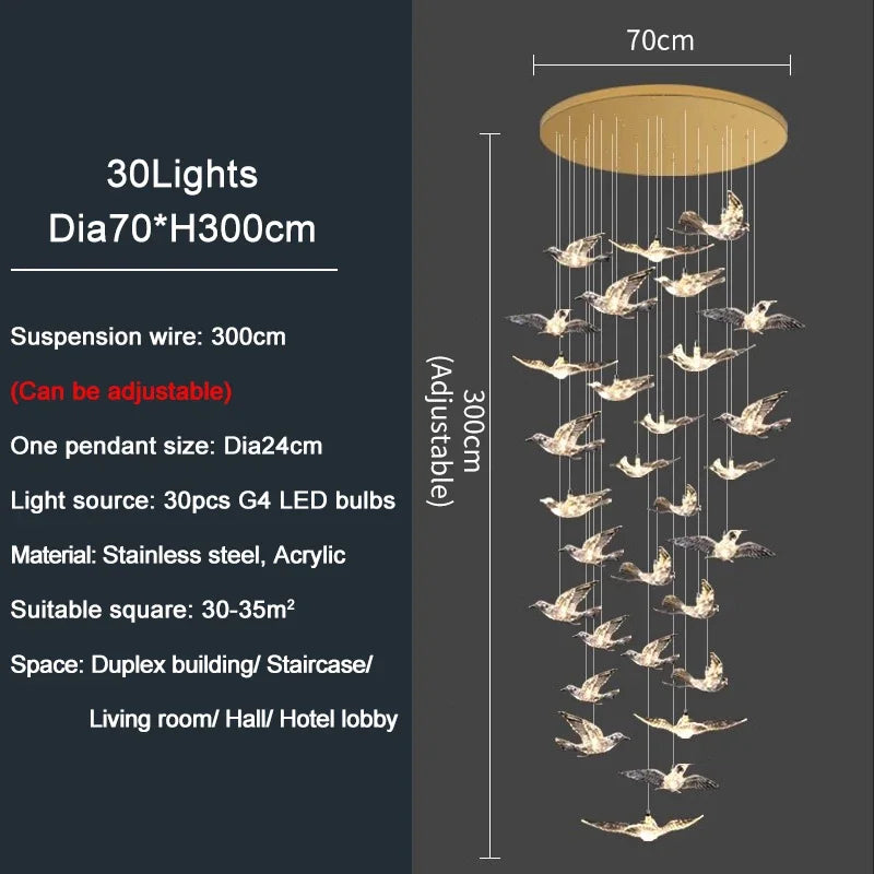 Luxury Led Chandelier for Staircase Modern Home Decor Hanging Lamp Creative Bird Design Lighting Acrylic Living Room Lustre