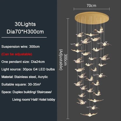 Luxury Led Chandelier for Staircase Modern Home Decor Hanging Lamp Creative Bird Design Lighting Acrylic Living Room Lustre