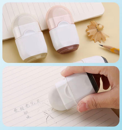 2 Pcs Mini Pencil Sharpener with Eraser & Container White