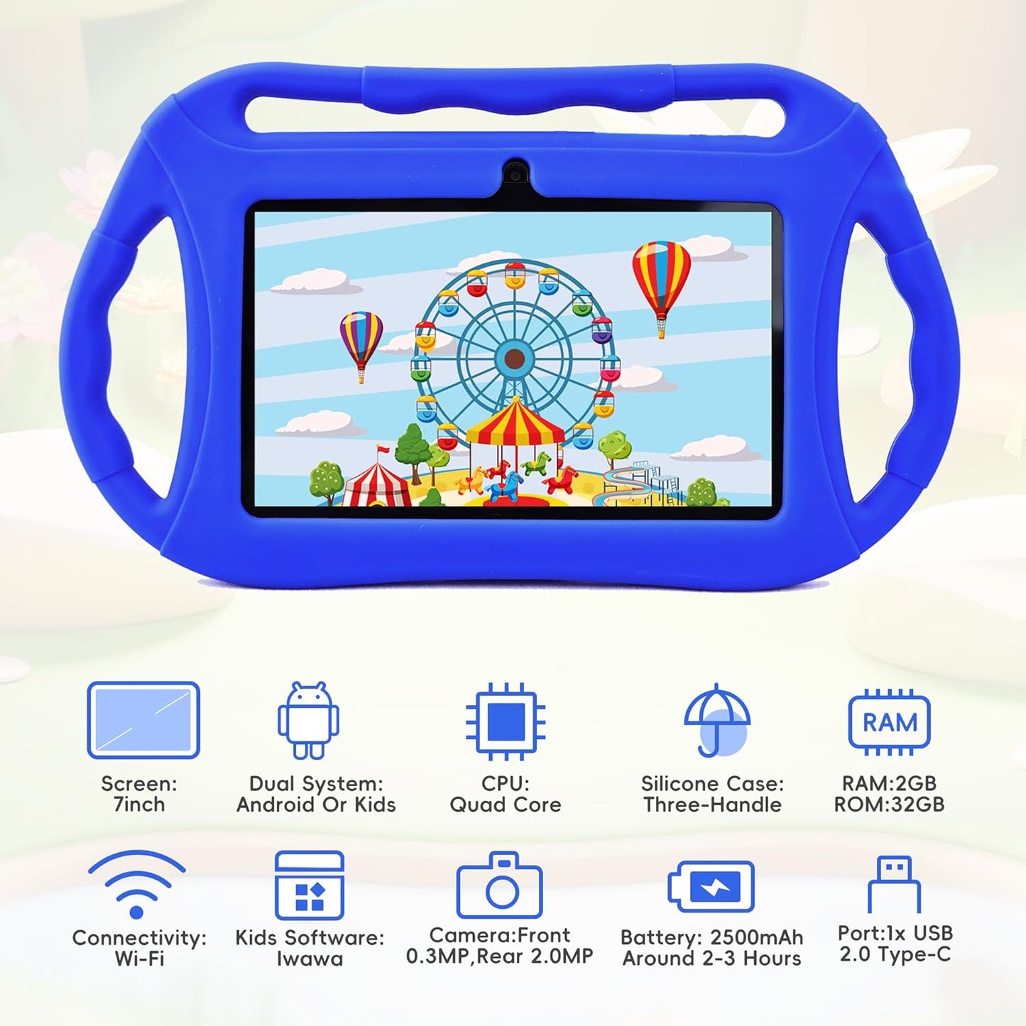 Kids Tablet for Toddlers 7 Inch Android 2GB+32GB, Wifi, GMS, IPS, Games, Android with Parental Control, Learning Educational Toddler Tablet with Silicone Case