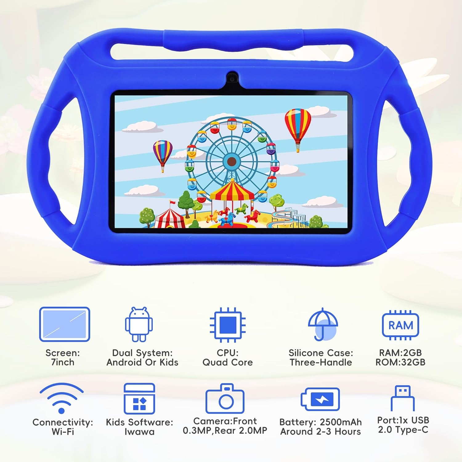 Kids Tablet for Toddlers 7 Inch Android 2GB+32GB, Wifi, GMS, IPS, Games, Android with Parental Control, Learning Educational Toddler Tablet with Silicone Case