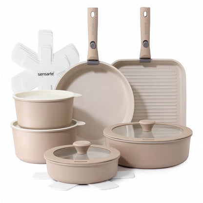 SENSARTE 17 Piece Pots and Pans Set, Nonstick Detachable Handle Cookware Set, Induction Kitchen Cookware Set with Removable Handle, Healthy Non Stick for RV, Dishwasher ＆ Oven Safe, PFOA Free (White)
