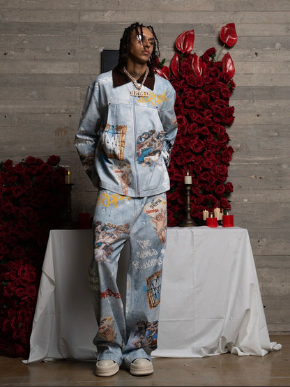 ARTISTIC PATCHES GRAPHIC DISTRESSED DENIM JACKET