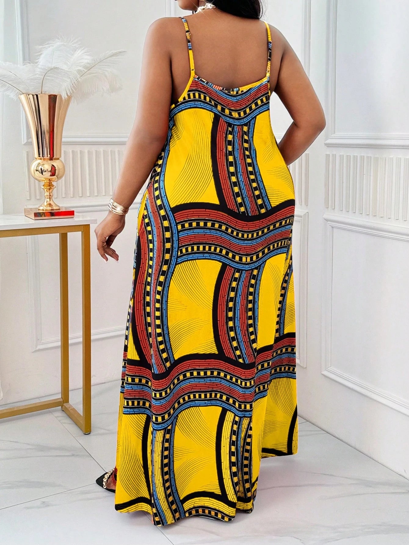 Women's Plus Size Spring and Summer Casual Beach Spaghetti Strap Gown - Plaid and African-Inspired Vacation Dresses for Women