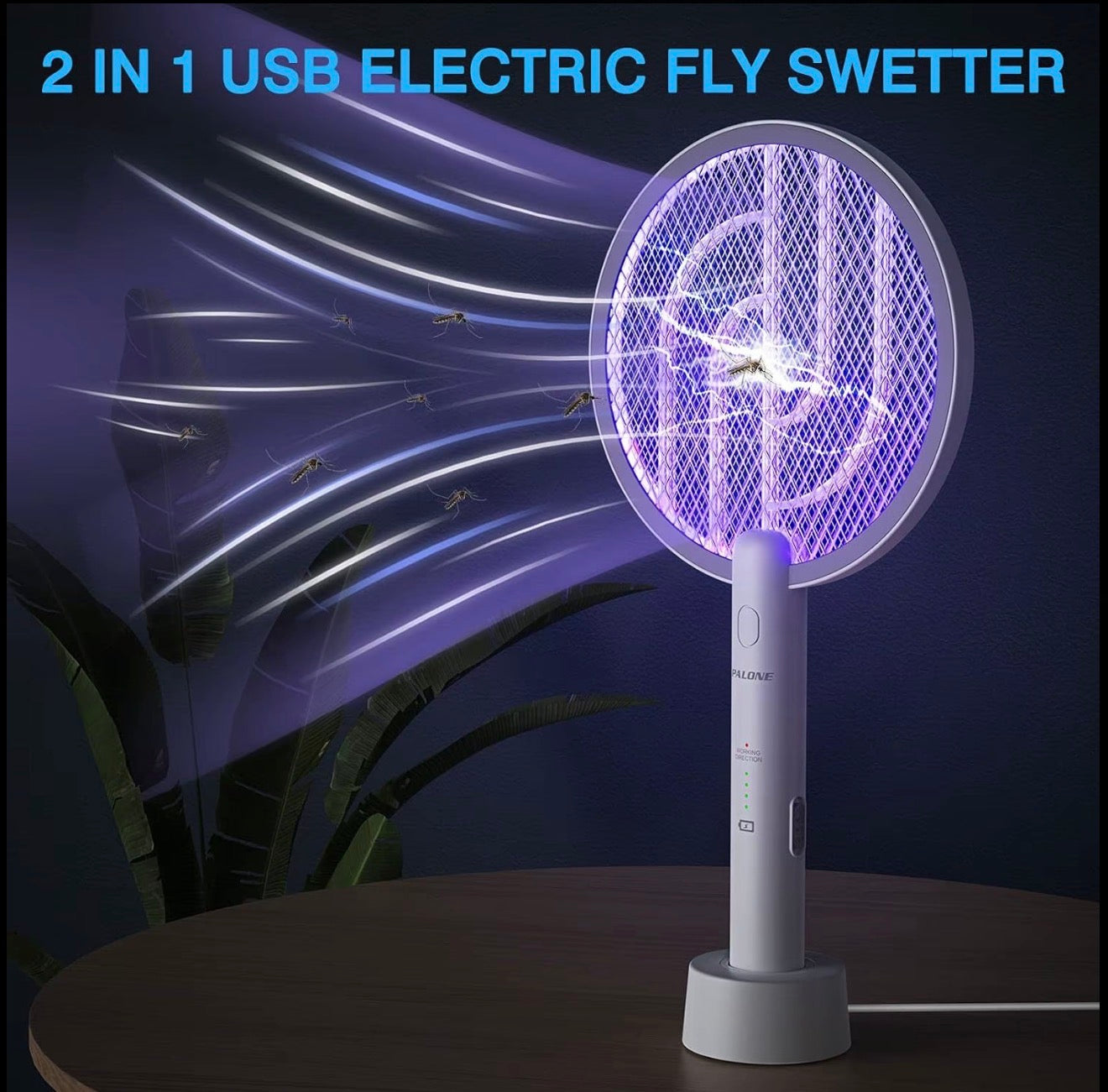 2 in 1 Electric Mosquito Swatter & Bug Zapper | USB Rechargeable 3000V Fly Killer with Strong Light & Safety Protection Net, Child & Pet Friendly for Home, Garden, Camping