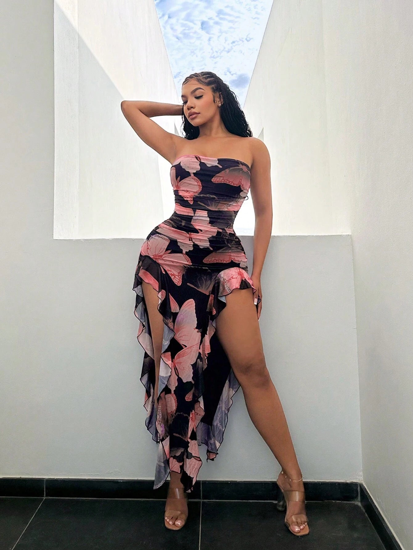 SXY Summer Butterfly Print Flared High-Low Bandeau Bodycon Dress