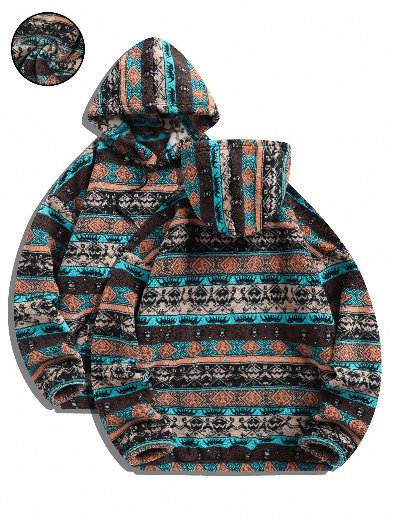 Men'S Totem Print Hooded Sherpa Fleece Sweatshirt