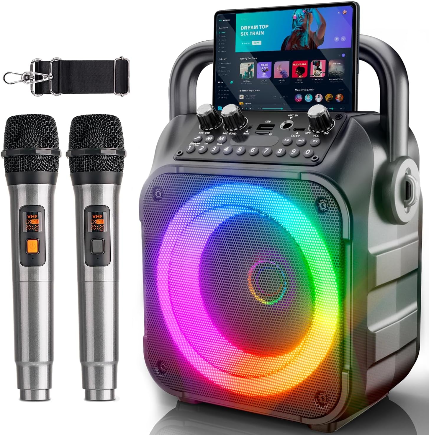 [Newest] Karaoke Machine with 2 Wireless Microphones: Karaoke Speaker Microphones for Adults Kids - Portable Bluetooth Speaker for TV Phone Tablet - Karaoke Gift for Party Home Outdoor Live Mixers