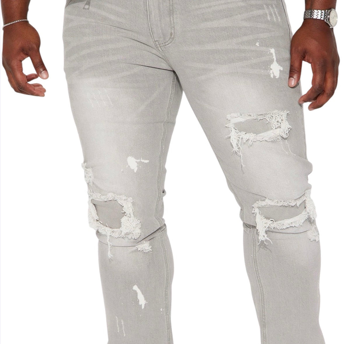 Ripped Stacked Skinny Flare Jeans Grey