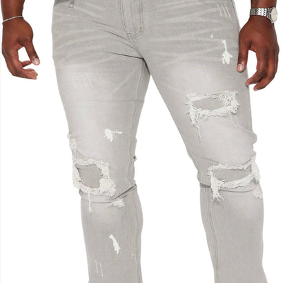 Ripped Stacked Skinny Flare Jeans Grey