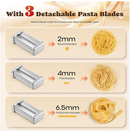 Moongiantgo Electric Pasta Maker Stainless Steel Puff Puller with 3 Blades 2 mm/4 mm/6.5 mm for Spaghetti, Fettuccine, Ravioli, 7 Degree of Adjustable Thickness for Home Use (3 Blades)