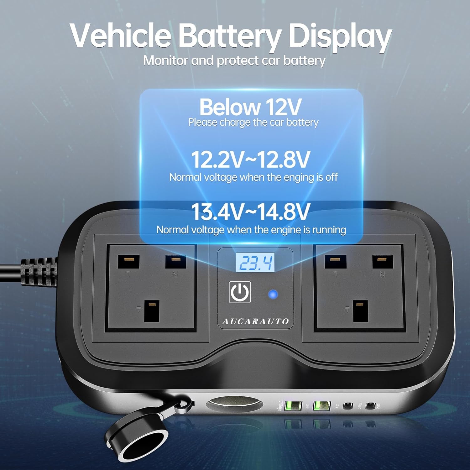 7 in 1 Multi Car Power Inverter 200W 12V to 240V Voltage Converter with LED Voltmeter, 4-Port PD/QC3.0 USB Charge, 3-Pin Sockets and Cigarette Lighter Splitter, USB C Car Charger for Laptop
