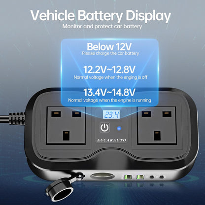 7 in 1 Multi Car Power Inverter 200W 12V to 240V Voltage Converter with LED Voltmeter, 4-Port PD/QC3.0 USB Charge, 3-Pin Sockets and Cigarette Lighter Splitter, USB C Car Charger for Laptop