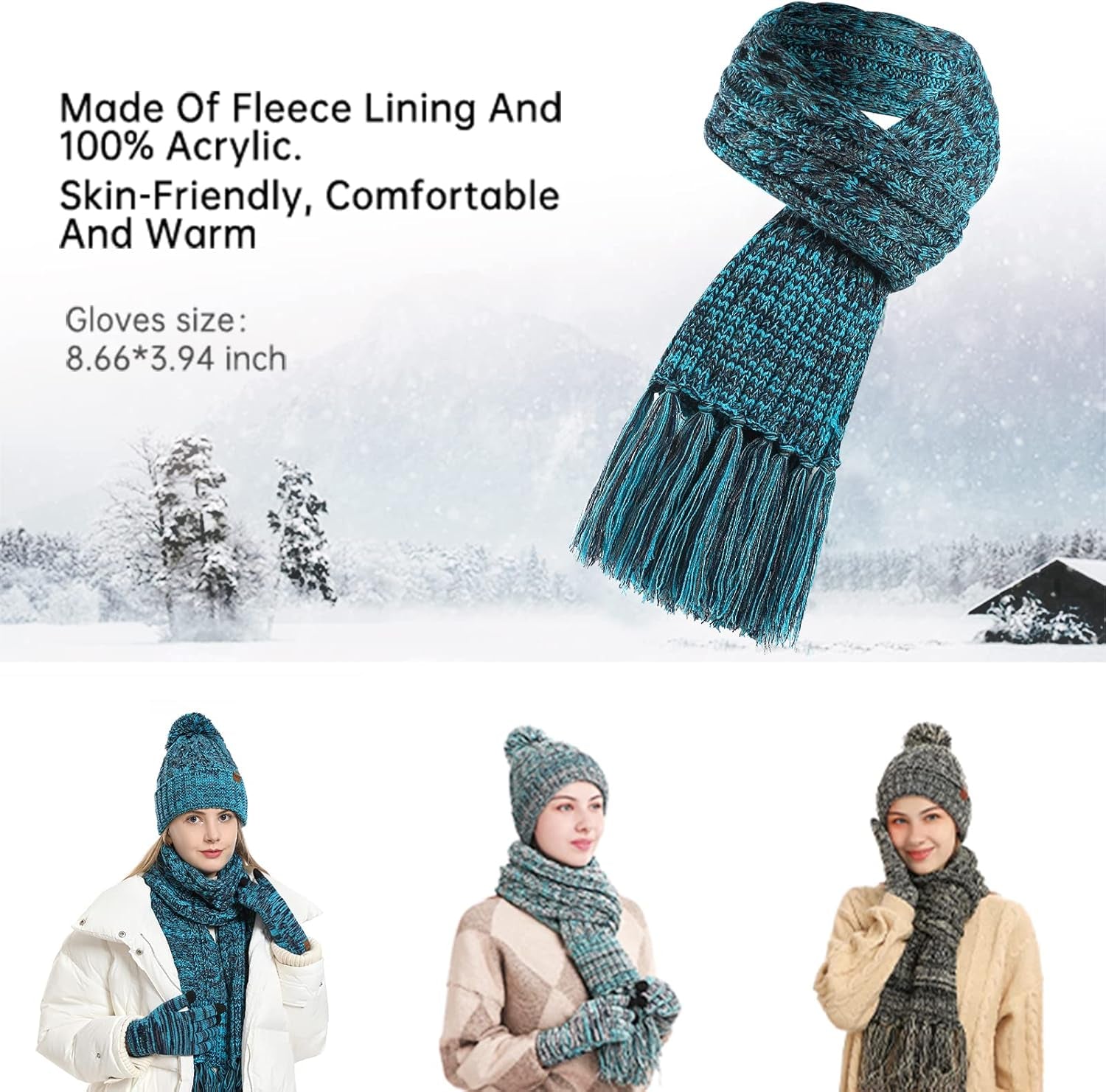 Hat Scarf Gloves Set Women'S Beanie Hat Long Scarf and Thermal Touch Screen Gloves Set 3 PCS Soft Warm Winter Knitted Pom Cap Set for Ladie