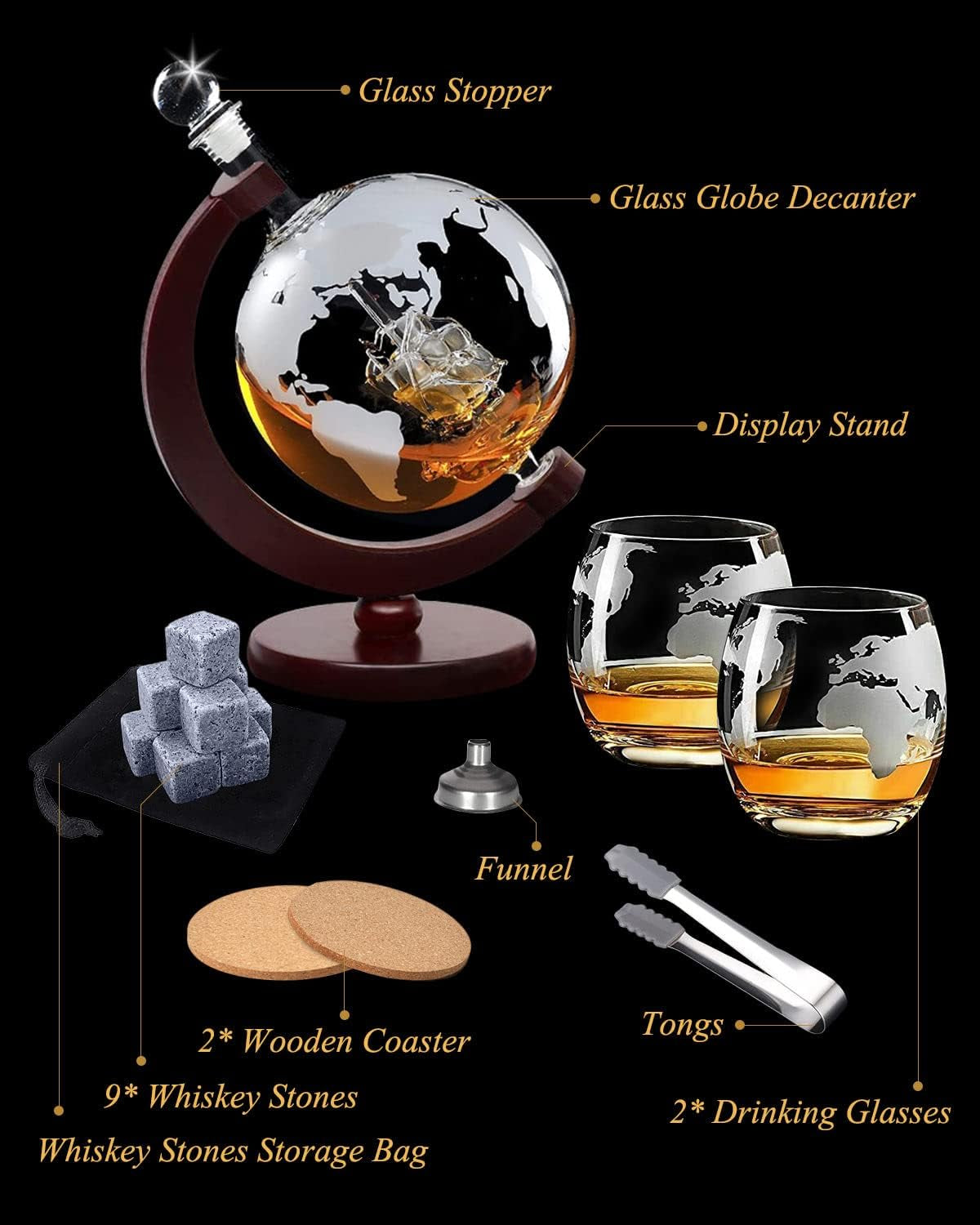 Whiskey Decanter and Glass Set,Globe Decanter Whiskey Gift Sets for Men Husband Him Boyfriend Dad Women with 2 Glasses, 9 Ice Cubes, Tong & Funnel,For All Kinds of Alcohol Drinks
