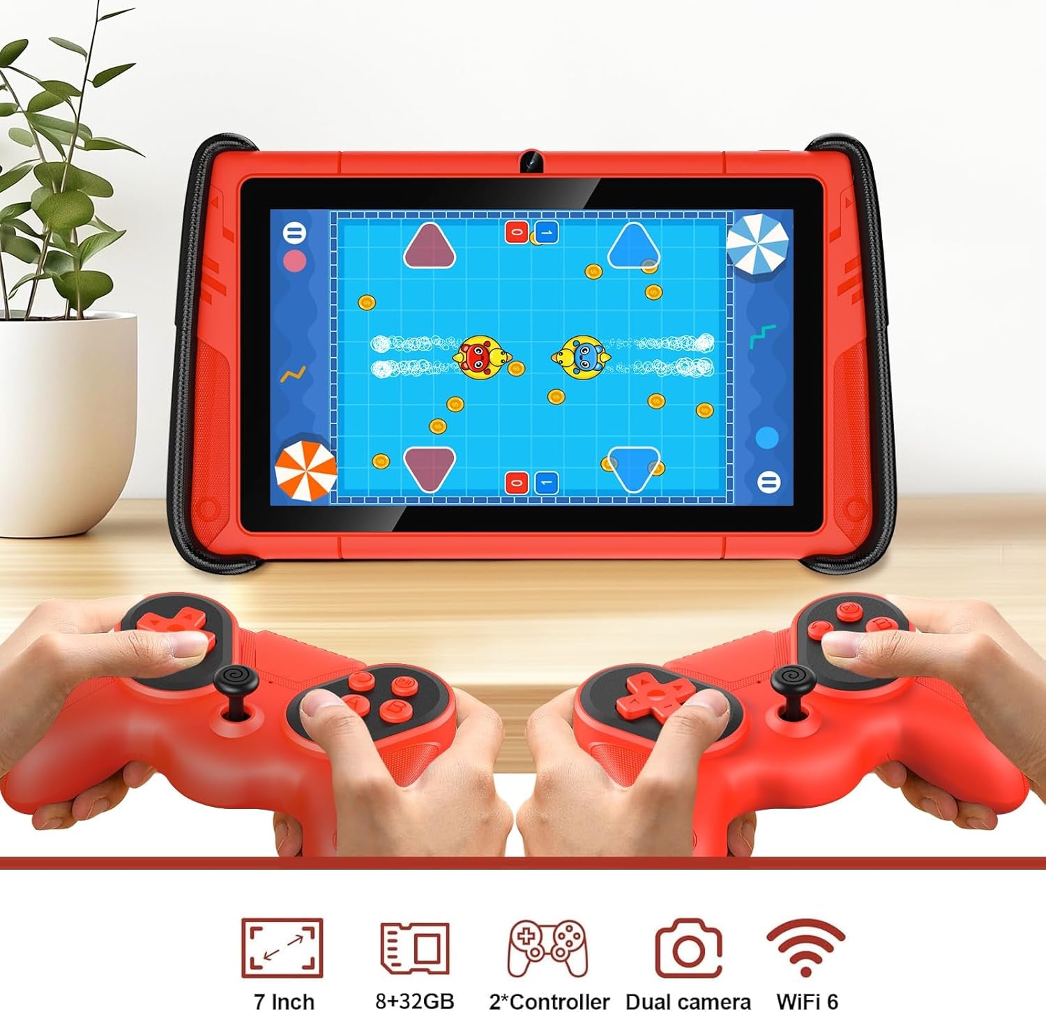 7 Inch Kids Tablets, Wifi Tablets for Kids, 8GB RAM, 32GB Rom,(Expandable 512GB), Toddler Tablet, Parental Control, Android 15, Sports Car Design, Toddler Tablet PC with Two Gamepad(Red).